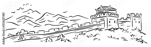 chinese great wall section on mountain ridge vector line sketch