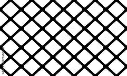 Black grid, mesh, with square holes with rounded smooth edges. Vector seamless endless repeating pattern with strict diagonal symmetrical parallel stripes on isolated background.
