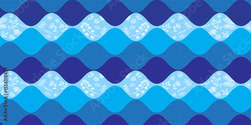 seamless abstract wave pattern with blue stripes and floral prints. hand drawn flower and leafs texture illustration background