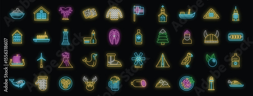 Bright neon icons showcase various aspects of icelandic heritage, from traditional clothing and food to iconic landmarks and wildlife