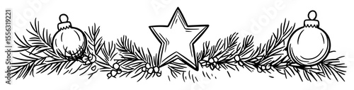 hand drawn christmas garland with star and baubles – vector line art