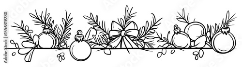 hand drawn christmas baubles with bow and pine branches – vector line art