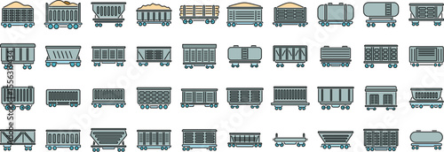 Different types of train wagons transporting various goods, including open top cars for bulk materials and tank cars for liquids