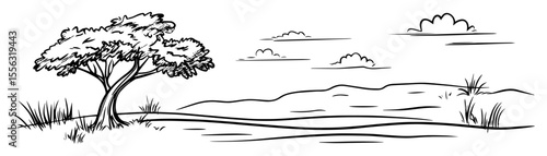 hand drawn african savanna tree and landscape – vector line art