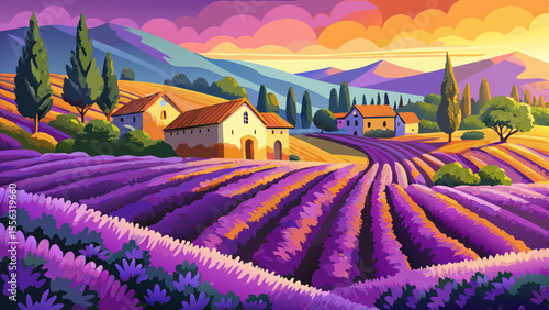 A sea of purple stretches to the horizon in neat rows of lavender glowing under the golden summer sun. Stone cottages and gentle hills in the background complete the rustic tranquility.