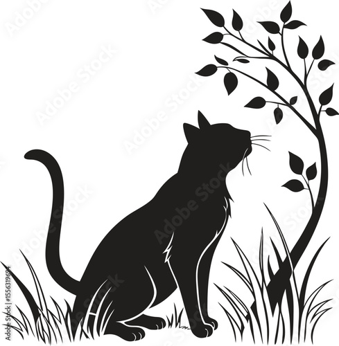 A sleek black cat silhouette sits attentively in tall grass next to a delicate tree with leaves