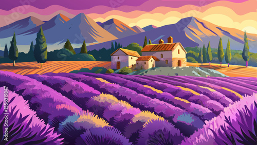 A sea of purple stretches to the horizon in neat rows of lavender glowing under the golden summer sun. Stone cottages and gentle hills in the background complete the rustic tranquility.