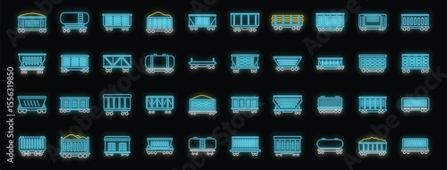Glowing neon icons of various freight train wagons carrying different types of cargo, illuminating the night with vibrant colors