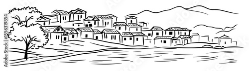 hand drawn traditional village on hillside – rural vector line art