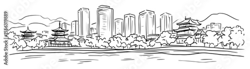 hand drawn skyline with historic and modern buildings – vector line art