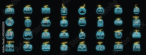 Neon cable car icons glowing in blue and yellow, representing gondola lift, ski resort transport, and mountain travel