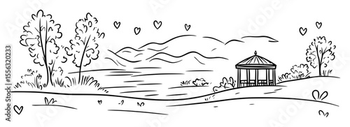 gazebo by lake with hearts and mountains in background