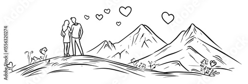 couple standing on mountain with hearts in sky