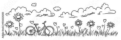 bicycle in field of flowers with hearts and clouds