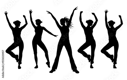 Silhouette group of women dancing with raised arms