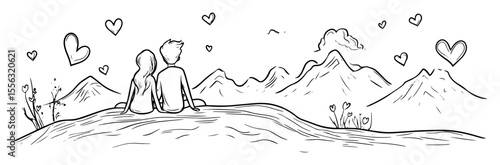 couple sitting on hill with mountain view and hearts