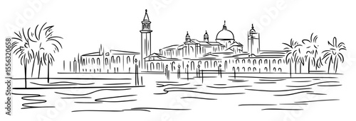 mosque with domes and minarets by the waterfront
