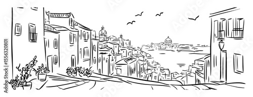 city view from hill with rooftops and sea in background