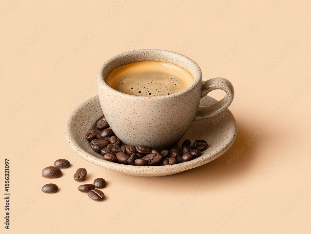 Fototapeta premium Espresso with lay of Coffee Beans on Beige Background,