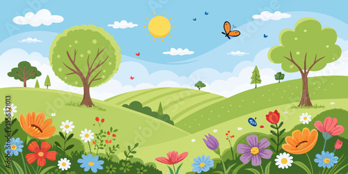 spring landscape with flowers and butterflies