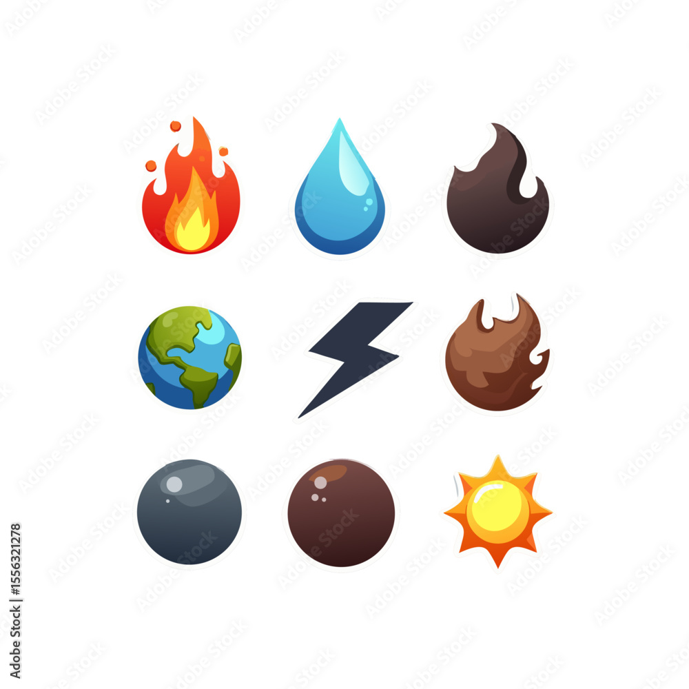 Elemental Icons Featuring Fire Water Earth Lightning and Sun Representing Powerful Forces of Nature Elemental Icons Featuring Fire Water Earth Lightning and Sun Representing Powerful Forces of Nature