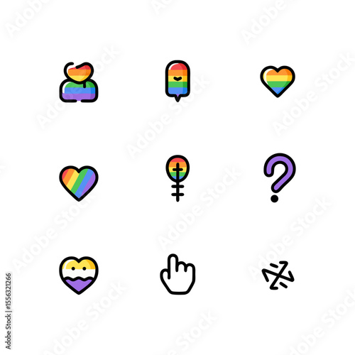 Diverse LGBTQIA+ vector icon set featuring rainbow colors and inclusive symbols representing identity and support for the queer community