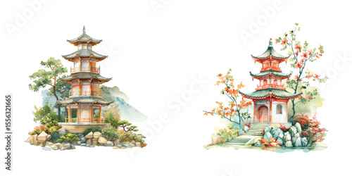 pagoda with nature lanscape watercolor vector illustration