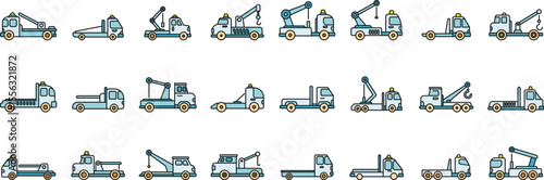Various tow truck icons depicting different types of towing and roadside assistance services, ideal for automotive and transportation related designs