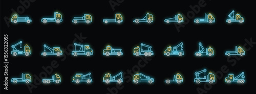 Glowing neon tow trucks symbolize emergency services, vehicle transport, and roadside repairs