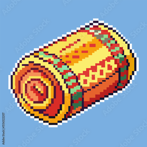 Retro Pixel Art Rolled Cake on Blue Background Nostalgic 8 Bit Dessert Design