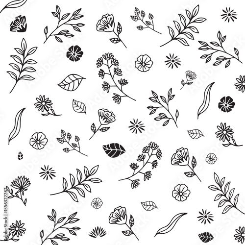 Hand drawn floral seamless pattern with flowers and leafs line art illustration background
