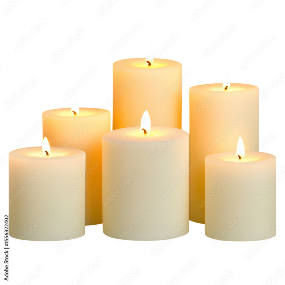 Warm and Soft Glow of Illuminated White Candles on a Dark Background, isolated on transparent background. Warm and Soft Glow of Illuminated White Candles on a Dark Background, isolated on transparent background.
