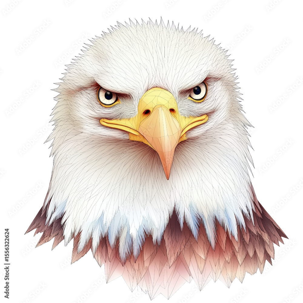Obraz premium Highly detailed, realistic illustration of an angry bald eagle head with intense expression and feathers