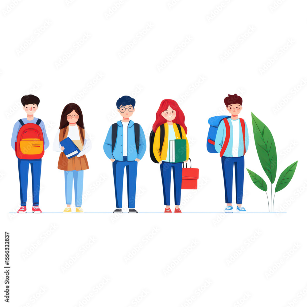 Obraz premium Diverse group of students standing together with backpacks and books in hand, isolated on transparent background.