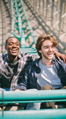Two best friends ride a roller coaster together - fun at the amusement park 