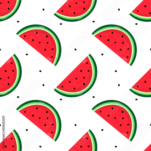 Seamless Summer Pattern with Watermelon Slice on White Background. Vector Illustration
