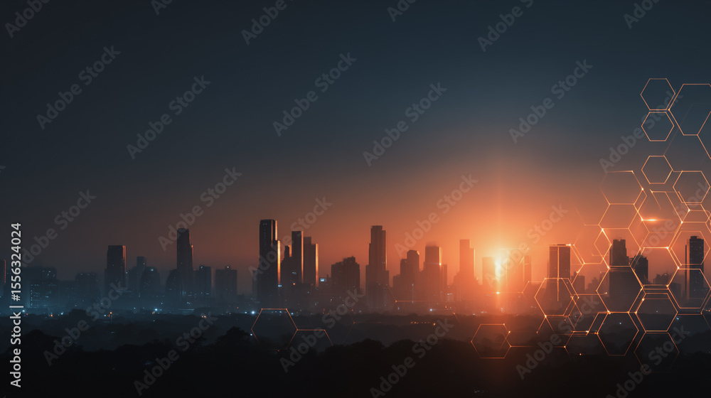 Fototapeta premium Smart digital Innovation city with connection network reciprocity over the twilight cityscape. of future smart wireless digital city and social media networking systems that connects people with city