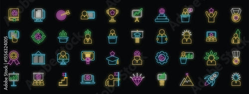 Glowing neon icons symbolize various aspects of business success, personal development, and skill enhancement