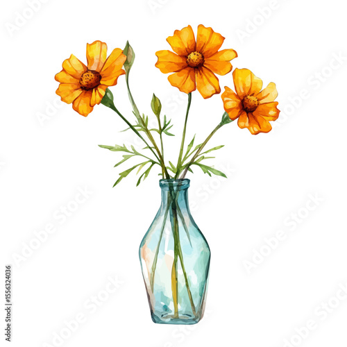 A Desert Marigold In A Vase, watercolor painting vector, isolated on a white background.