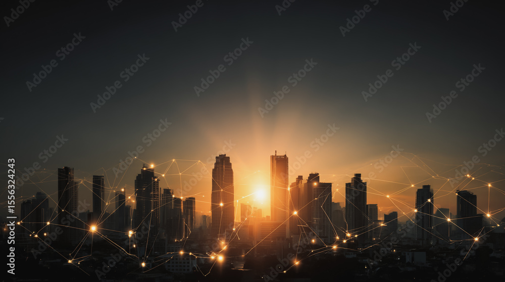 Naklejka premium Smart digital Innovation city with connection network reciprocity over the twilight cityscape. of future smart wireless digital city and social media networking systems that connects people with city