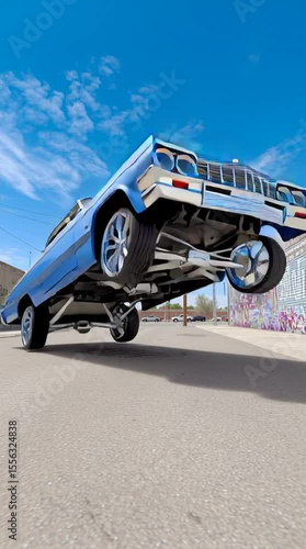 A classic lowrider with a clean blue paintjob and rims hitting the hydraulic switches