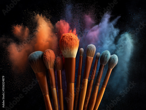 Cosmetic Brushes And Explosion Colorful Powders. 