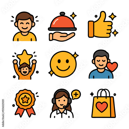 A collection of colorful, cartoon-style icons representing customer service and satisfaction.