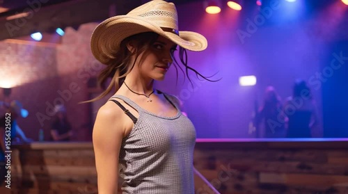 A cowgirl dressed in western fashion dances to country music in a bar
