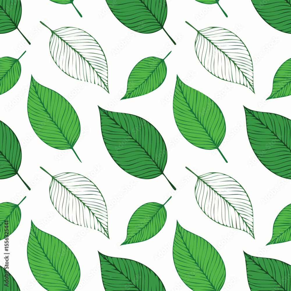 Fototapeta premium Seamless Tropical Leaf Pattern Vector - Green Banana Leaves Background Illustration
