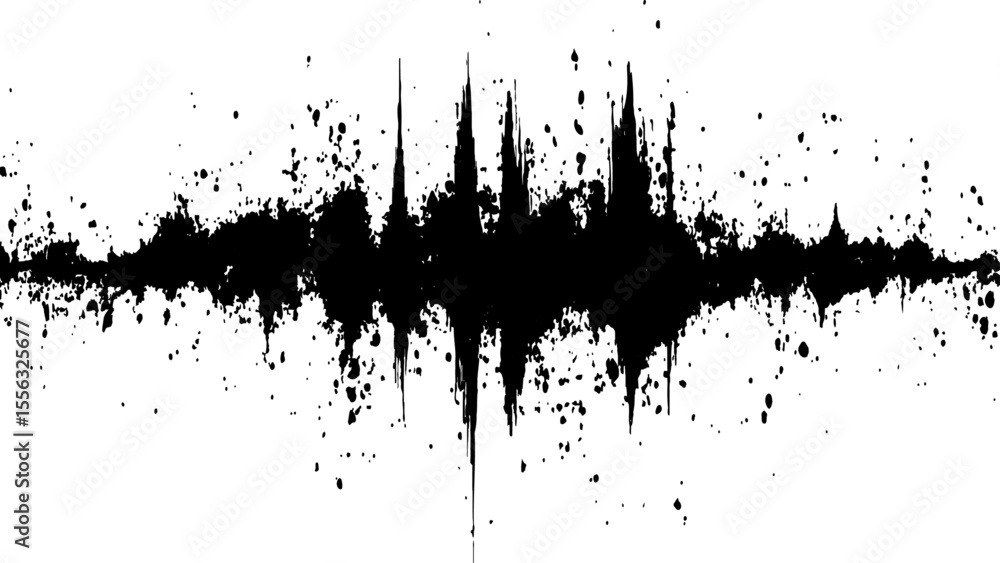 Obraz premium Vector brush grunge texture. Soundwave with ink splatter effect, black and white. Sound wave with ink splatter effect, Black and white, isolated on white background. 