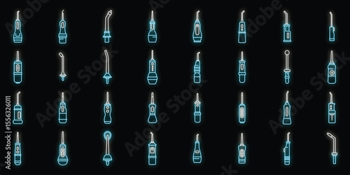 Different types of oral irrigators glowing neon icons set promoting teeth health and preventing cavities