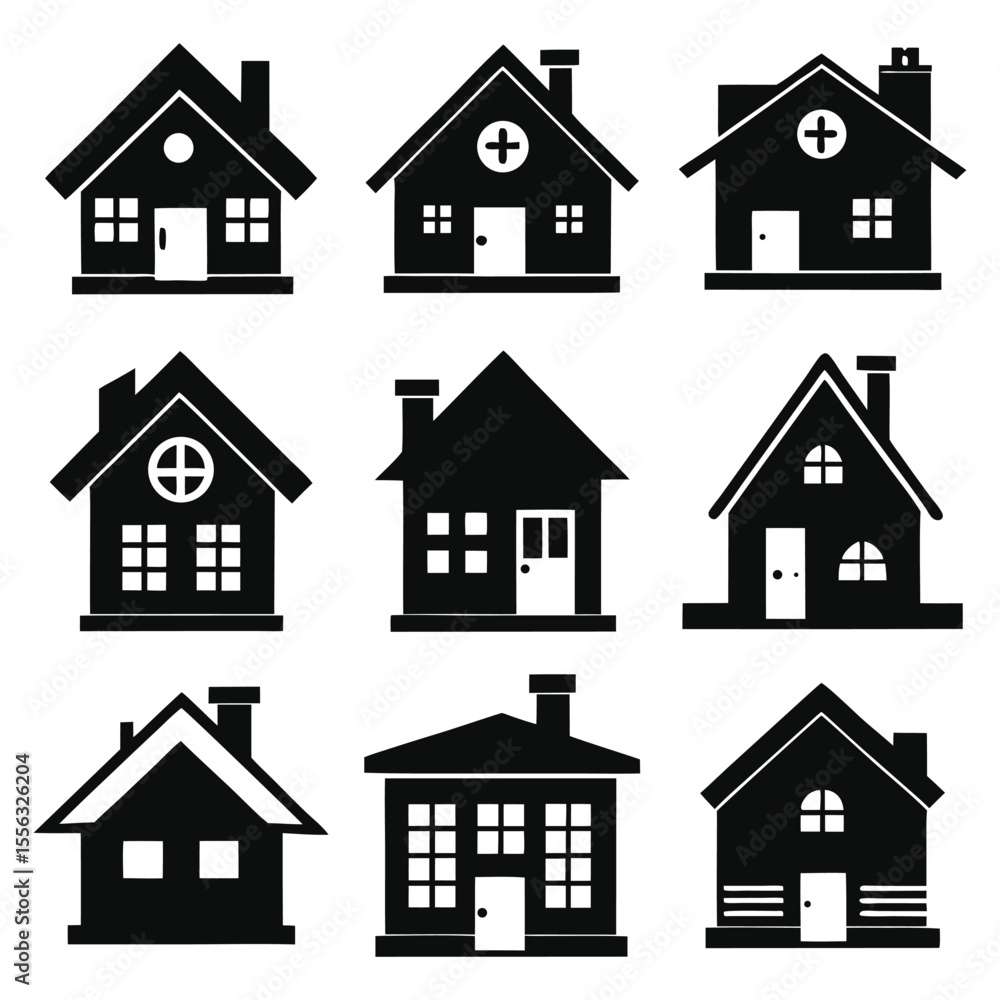 Fototapeta premium Nine Black House Icons Simple Home Symbols Collection Real Estate Design Elements
