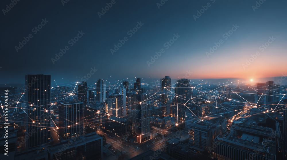 custom made wallpaper toronto digitalSmart digital Innovation city with connection network reciprocity over the twilight cityscape. of future smart wireless digital city and social media networking systems that connects people with city
