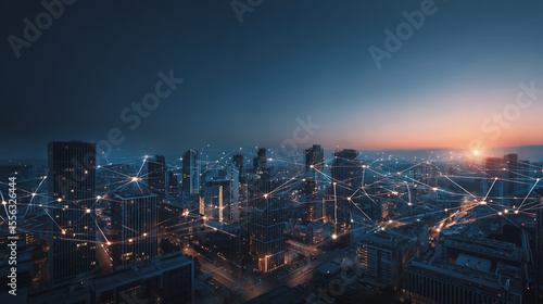Wallpaper Mural Smart digital Innovation city with connection network reciprocity over the twilight cityscape. of future smart wireless digital city and social media networking systems that connects people with city Torontodigital.ca
